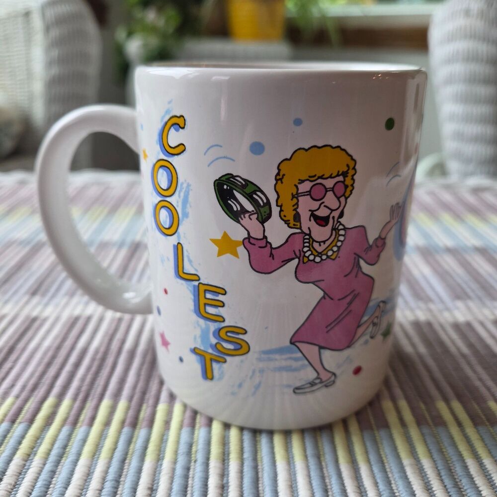 Vintage 90s Coolest Grandma Coffee Mug Cartoon Grandmother Playing Tambourine